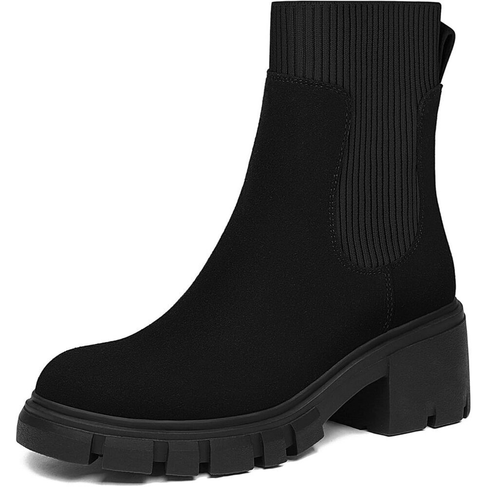 Women's Black Chelsea Boots Fashion Slip on Platform Ankle Boots Chunky
